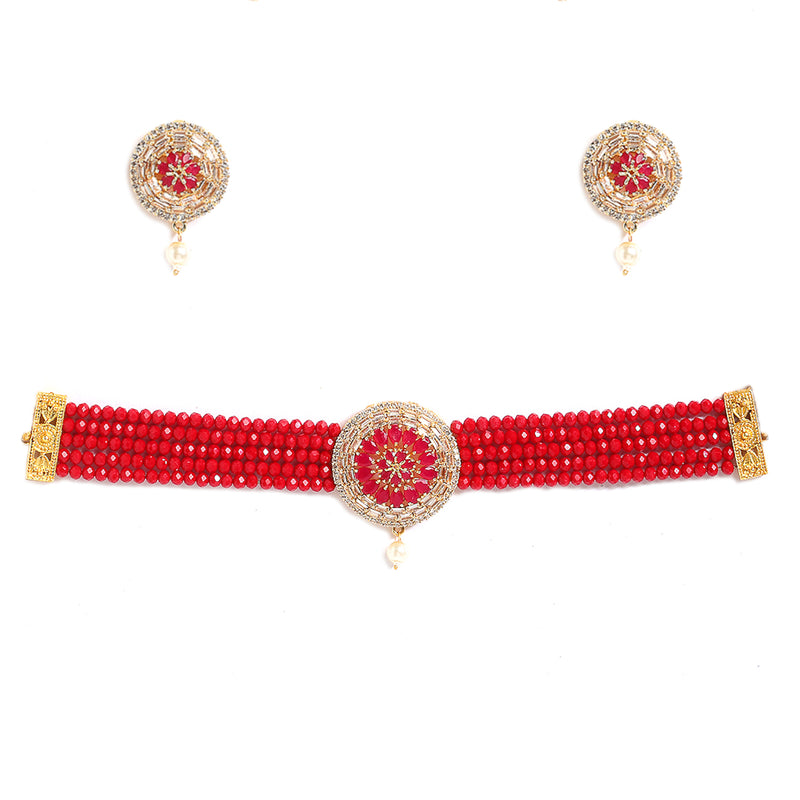 White & Red American Diamond-Studded & Beaded Gold-Plated Choker Jewellery Set