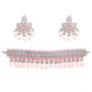 Rhodium-Plated with Silver-Tone Pink Kundan-Studded & Beaded Jewellery Set