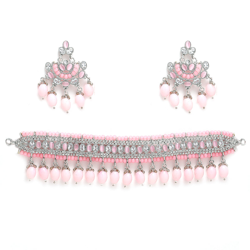 Rhodium-Plated with Silver-Tone Pink Kundan-Studded & Beaded Jewellery Set