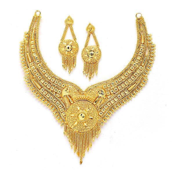 Gold-Plated Handcrafted Intricate Textured Necklace and Earrings Jewellery Set