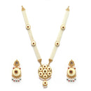 Gold-Plated Pink Kundan & White Pearls Studded & Beaded Long Meenakari Necklace with Earrings Jewellery Set