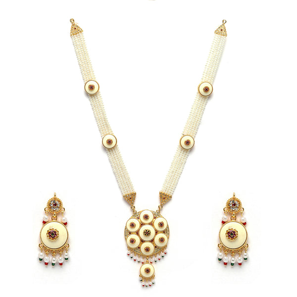 Gold-Plated Pink Kundan & White Pearls Studded & Beaded Long Meenakari Necklace with Earrings Jewellery Set