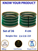 Gold-Plated Green Matte Finish Velvet White American Diamonds Studded Bangles (Set Of 36)