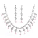 Rhodium-Plated with Silver-Tone Pink & White American Diamond Stone Studded & Beaded Jewellery Set