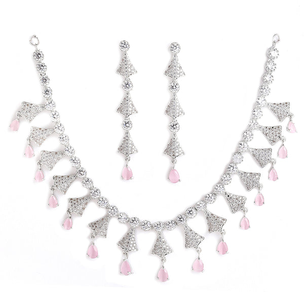 Rhodium-Plated with Silver-Tone Pink & White American Diamond Stone Studded & Beaded Jewellery Set
