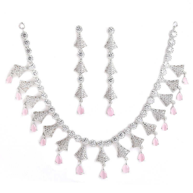 Rhodium-Plated with Silver-Tone Pink & White American Diamond Stone Studded & Beaded Jewellery Set