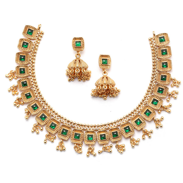 Gold-Plated Green Artificial Stone Studded Antique Necklace with Earrings Jewellery Set
