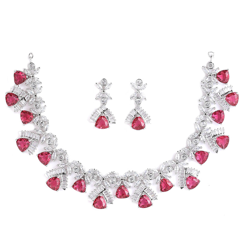 Rhodium-Plated with Silver-Tone & Red American Diamond Stone-Studded Jewellery Set