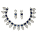 Rhodium-Plated Navy Blue American Diamond Studded Leaf Shaped Necklace with Earring Jewellery Set