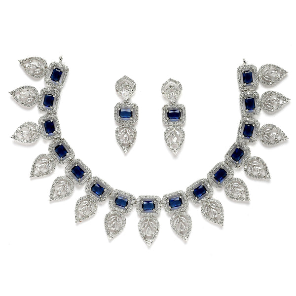 Rhodium-Plated Navy Blue American Diamond Studded Leaf Shaped Necklace with Earring Jewellery Set