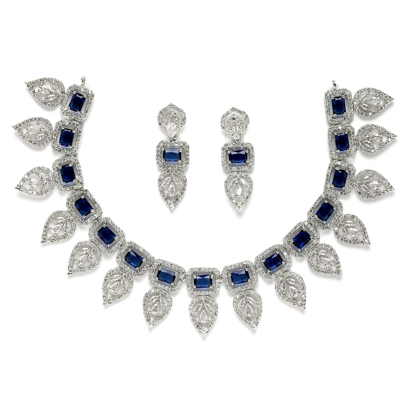 Rhodium-Plated Navy Blue American Diamond Studded Leaf Shaped Necklace with Earring Jewellery Set