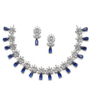 Rhodium-Plated Silver Toned Teardrop Navy Blue American Diamond Studded Necklace Earrings Jewellery Set