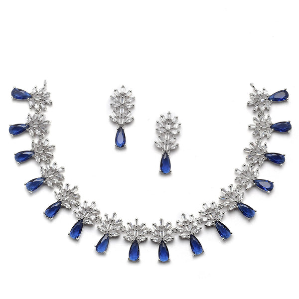 Rhodium-Plated Silver Toned Teardrop Navy Blue American Diamond Studded Necklace Earrings Jewellery Set