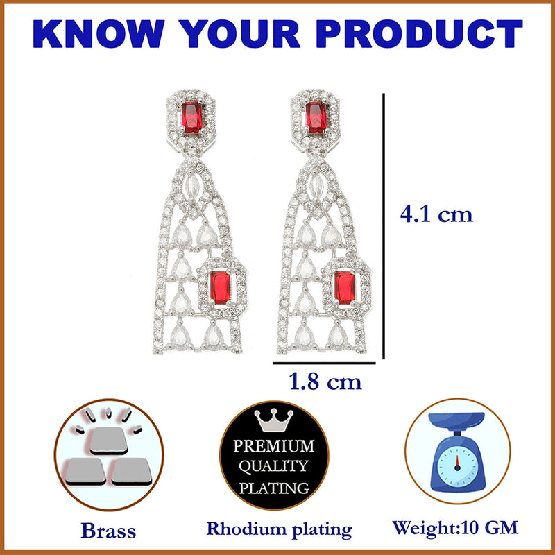Rhodium-Plated Red American Diamond studded Classic Drop Earrings