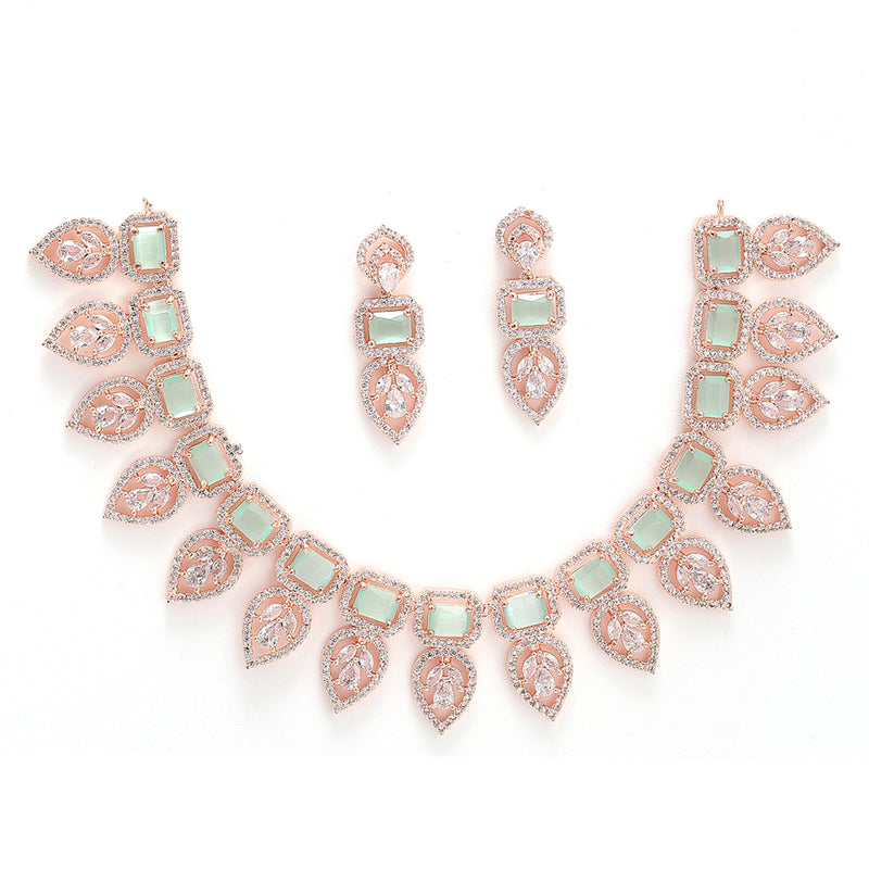 Rose Gold-Plated White & Green Crystal Studded Handcrafted Jewellery Set