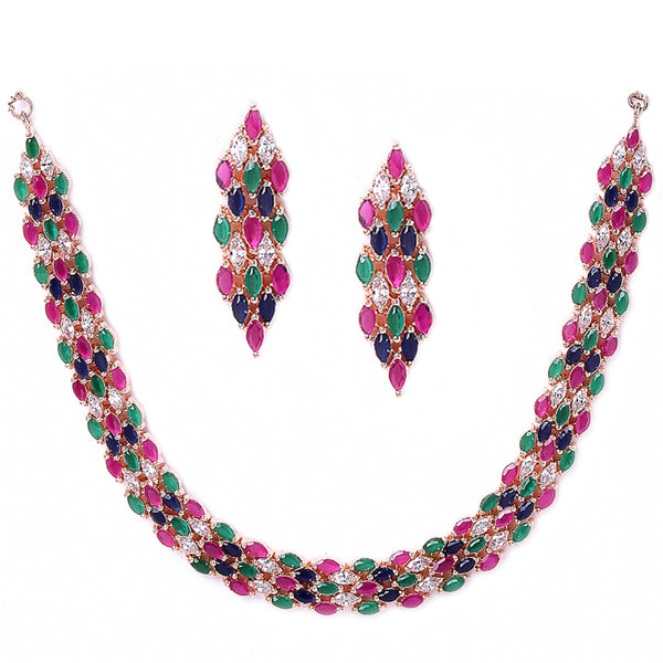 Pink Blue Green & White Rose Gold-Plated American Diamond-Studded Handcrafted Jewellery Set