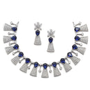 Rhodium-Plated Silver Toned Teardrop Navy Blue American Diamond Studded Necklace Earrings Jewellery Set