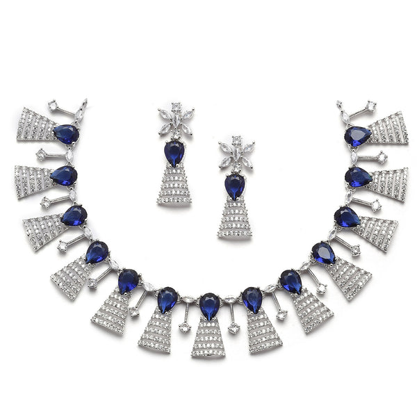 Rhodium-Plated Silver Toned Teardrop Navy Blue American Diamond Studded Necklace Earrings Jewellery Set