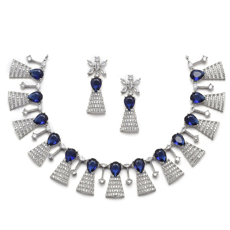 Rhodium-Plated Silver Toned Teardrop Navy Blue American Diamond Studded Necklace Earrings Jewellery Set