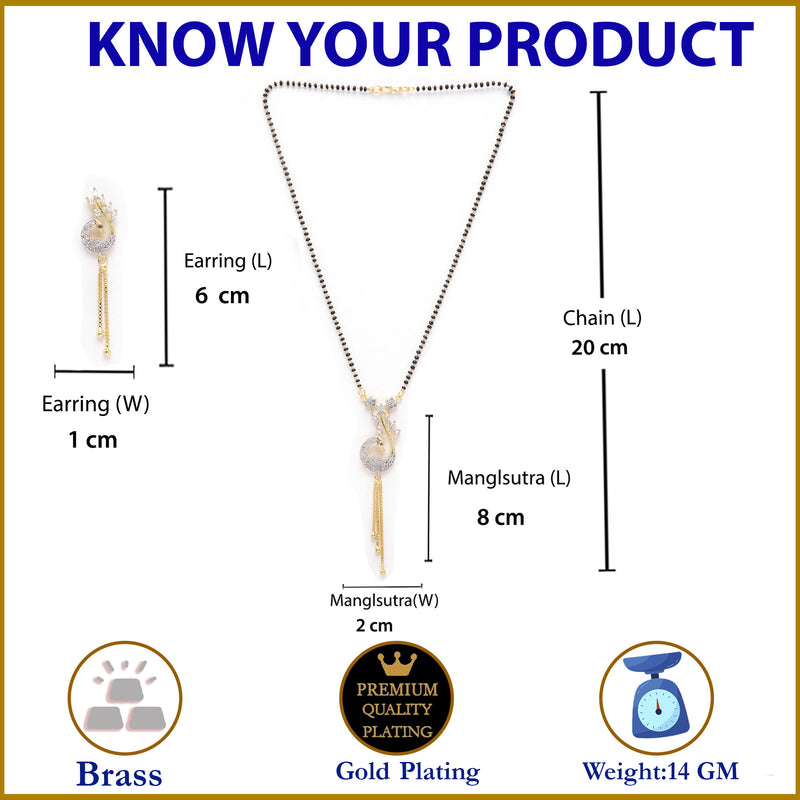 Peacock Design Gold-Plated White & Black Stone Studded & Beaded Mangalsutra Set