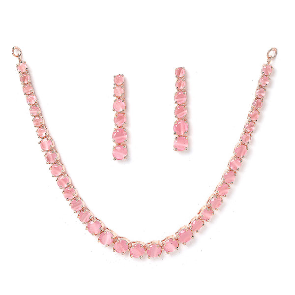 Pink Rose Gold-Plated Cubic-Zirconia Studded Handcrafted Jewellery Set