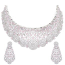 Rhodium-Plated Silver Toned Pink American Diamond Choker Necklace with Earrings Jewellery Set