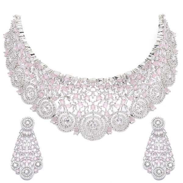 Rhodium-Plated Silver Toned Pink American Diamond Choker Necklace with Earrings Jewellery Set