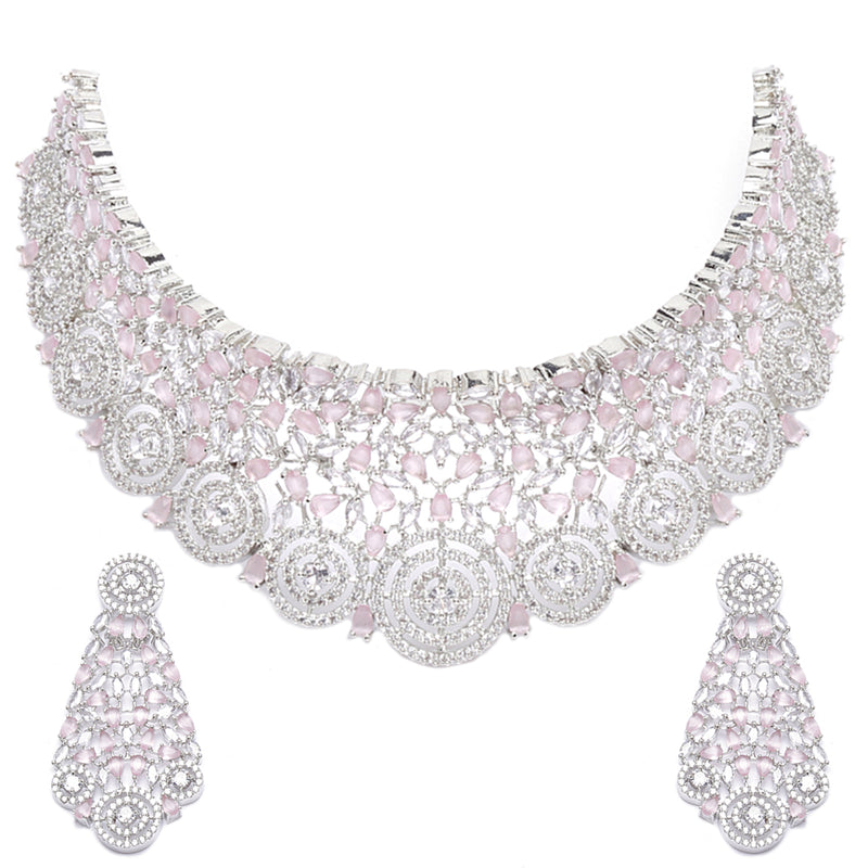 Rhodium-Plated Silver Toned Pink American Diamond Choker Necklace with Earrings Jewellery Set