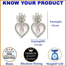 Rhodium Plated Heart Pink American Diamond Contemporary Drop Earrings