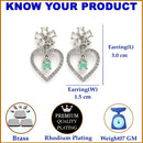 Rhodium Plated Heart Sea Green American Diamond Contemporary Drop Earrings