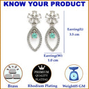 Rhodium Plated Floral Sea Green American Diamond Contemporary Drop Earrings