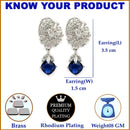 Rhodium Plated Leaf Blue American Diamond Contemporary Drop Earrings