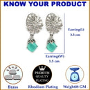 Rhodium Plated Leaf Sea Green American Diamond Contemporary Drop Earrings