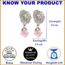 Rhodium Plated Leaf Pink American Diamond Contemporary Drop Earrings