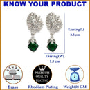 Rhodium Plated Leaf Green American Diamond Contemporary Drop Earrings