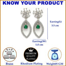 Rhodium Plated Floral Green American Diamond Contemporary Drop Earrings