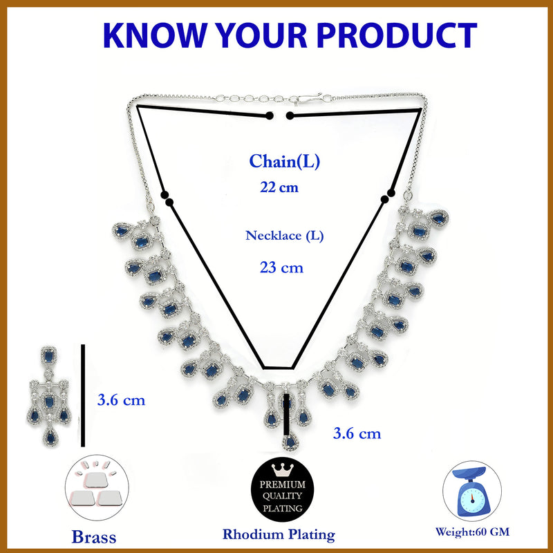 Rhodium Plated Royal Blue American Diamond Stones Studded Jewellery Set