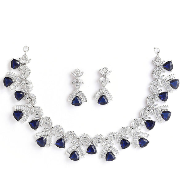 Rhodium-Plated with Silver-Tone Navy Blue American Diamond Studded Handcrafted Jewellery Set