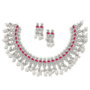 Oxidised Silver-Plated Red American Diamond & White Pearl Studded Necklace Earrings Jewellery Set