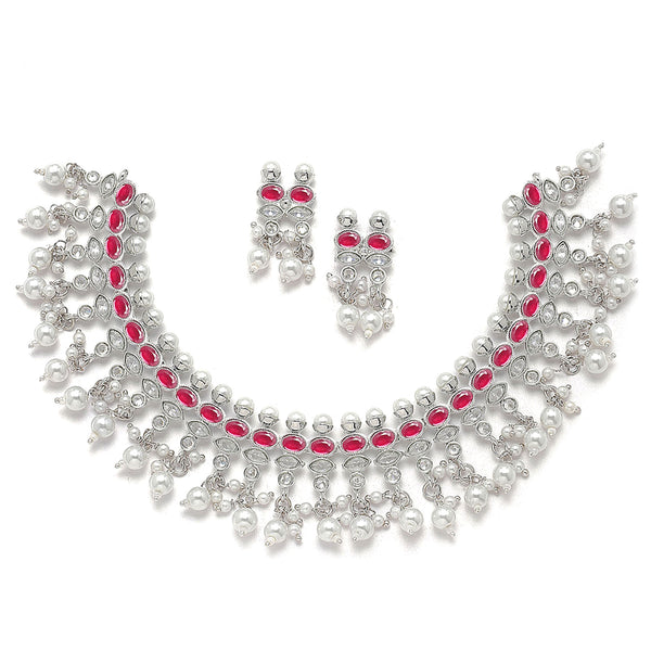 Oxidised Silver-Plated Red American Diamond & White Pearl Studded Necklace Earrings Jewellery Set