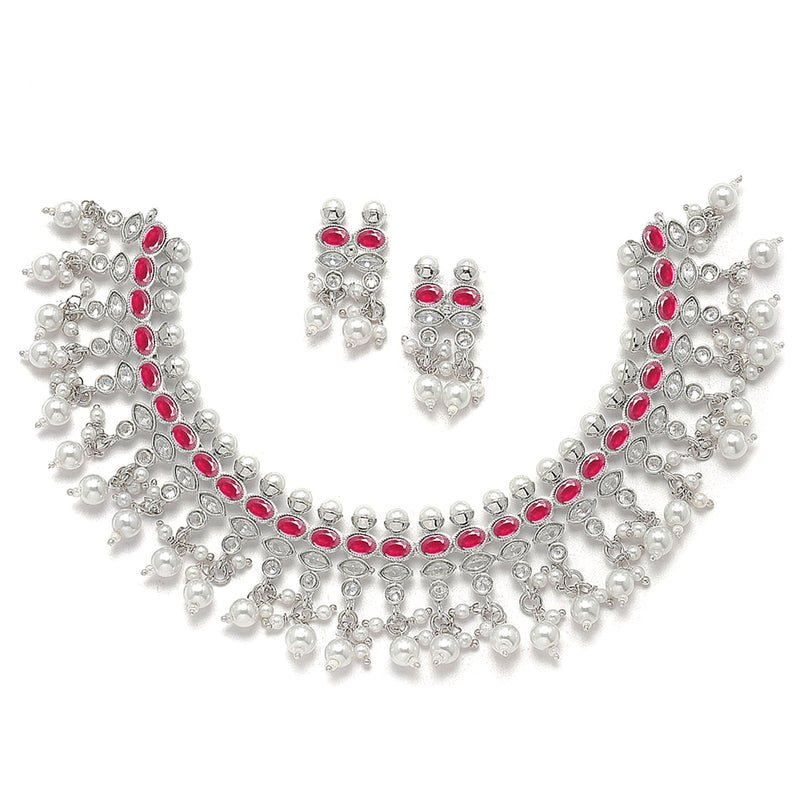 Oxidised Silver-Plated Red American Diamond & White Pearl Studded Necklace Earrings Jewellery Set