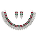 Rhodium-Plated with Oxidised Silver-Tone Green & Red Kundan Studded Handcrafted Jewellery Set