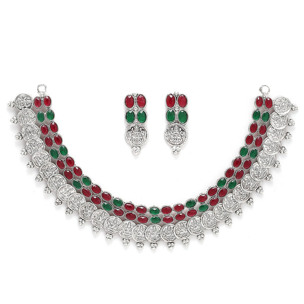 Rhodium-Plated with Oxidised Silver-Tone Green & Red Kundan Studded Handcrafted Jewellery Set