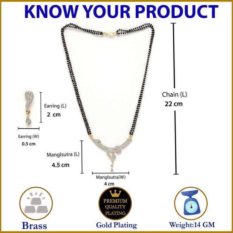 Black Gold-Plated Stone-Studded Leaf Shaped Mangalsutra & Earrings Set