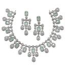 Rhodium-Plated Silver Tone Square Sea Green American Diamond Studded Necklace with Earrings Jewellery Set