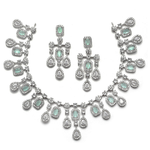 Rhodium-Plated Silver Tone Square Sea Green American Diamond Studded Necklace with Earrings Jewellery Set