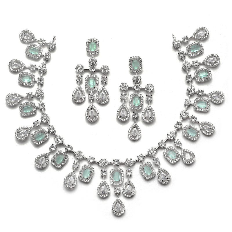 Rhodium-Plated Silver Tone Square Sea Green American Diamond Studded Necklace with Earrings Jewellery Set