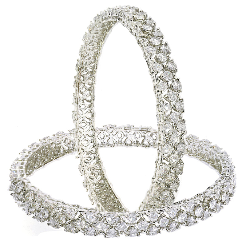 Rhodium Plated Silver Toned Set Of 2 Stylish Symetric Design Bangles