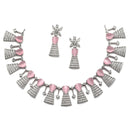 Rhodium-Plated Silver Toned Teardrop Pink American Diamond Studded Necklace Earrings Jewellery Set
