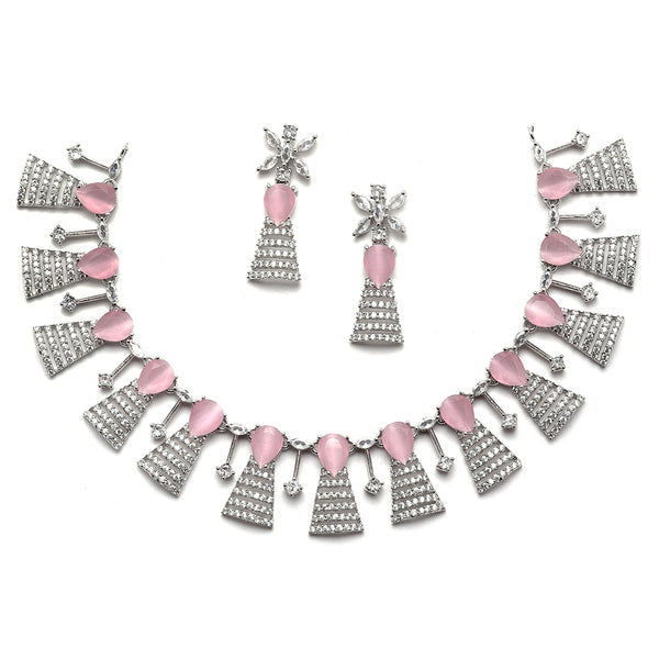 Rhodium-Plated Silver Toned Teardrop Pink American Diamond Studded Necklace Earrings Jewellery Set